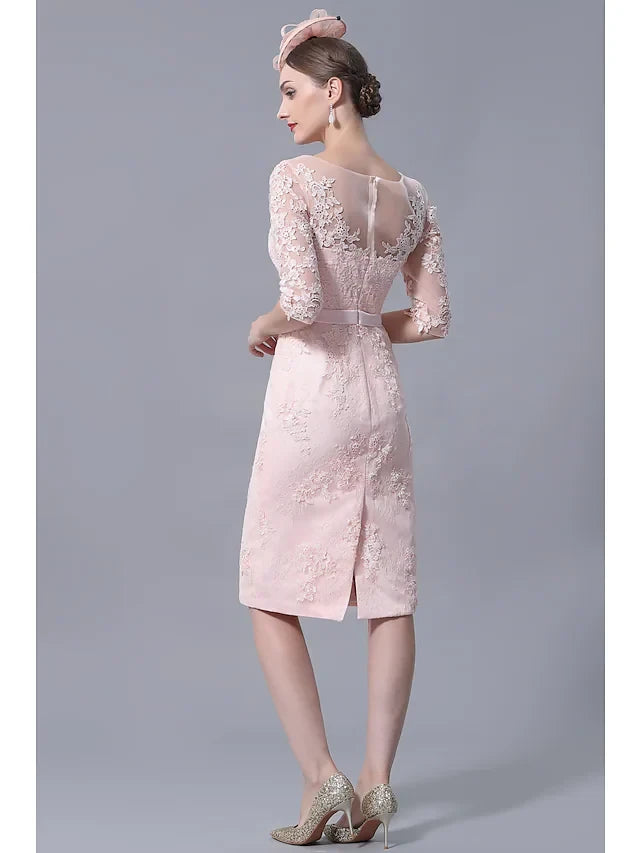 Sophisticated Lace Sheath Illusion Bateau Three-Quarter Sleeves Illusion Back Knee-Length Two-Piece Mother of the Bride Dresses
