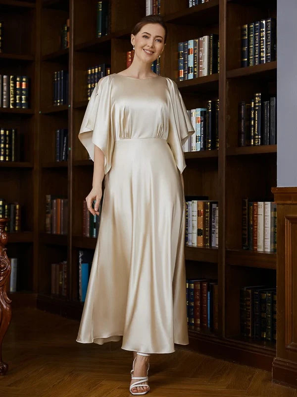 Sophisticated Satin A-Line Boat Neck Kimono Sleeves with Cutouts V-Back Midi Length Mother of the Bride Dresses