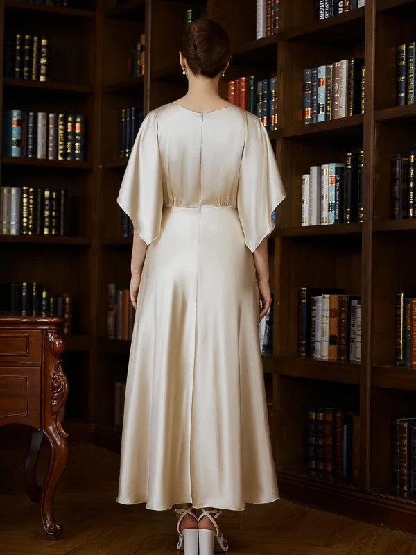 Sophisticated Satin A-Line Boat Neck Kimono Sleeves with Cutouts V-Back Midi Length Mother of the Bride Dresses