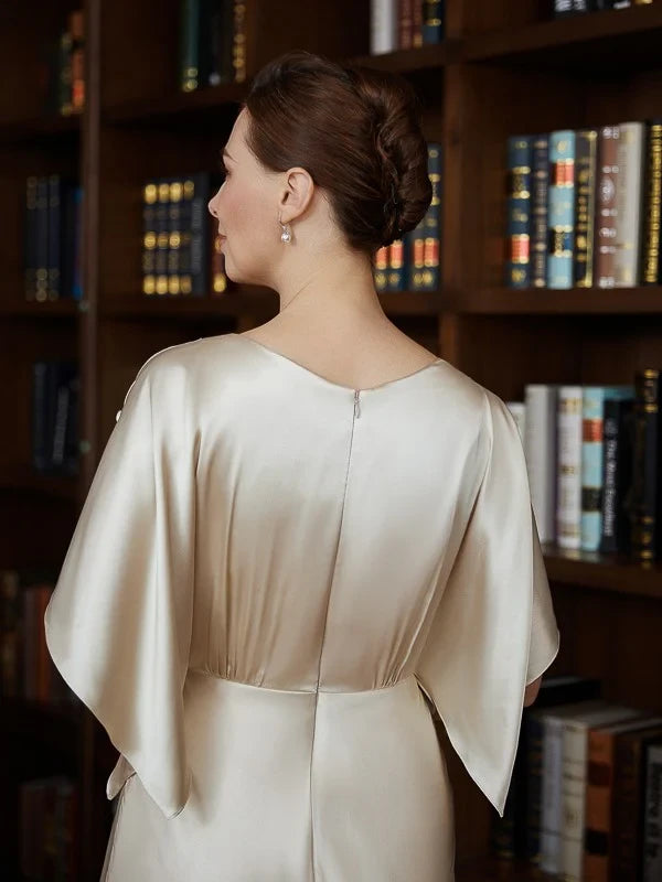 Sophisticated Satin A-Line Boat Neck Kimono Sleeves with Cutouts V-Back Midi Length Mother of the Bride Dresses