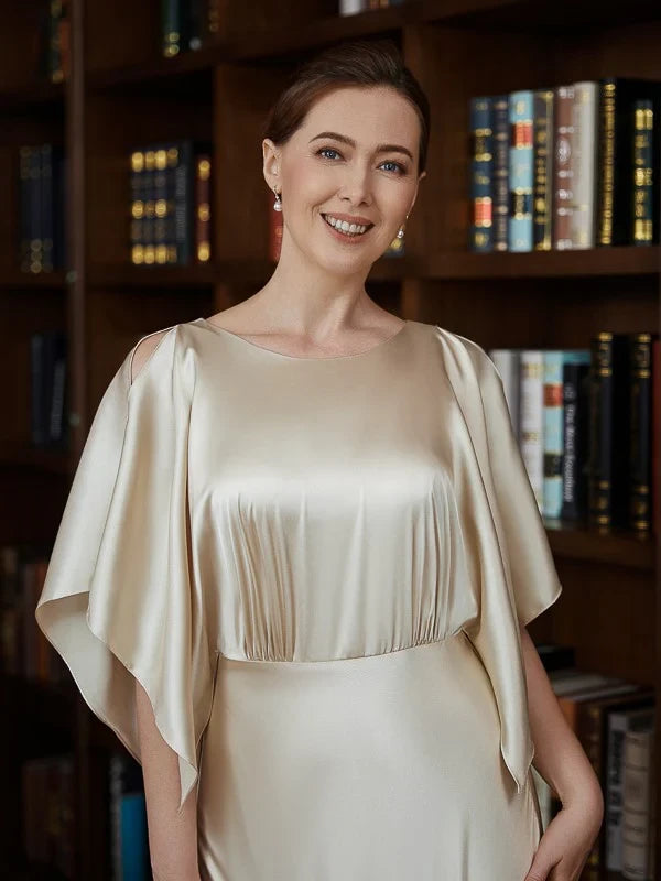 Sophisticated Satin A-Line Boat Neck Kimono Sleeves with Cutouts V-Back Midi Length Mother of the Bride Dresses