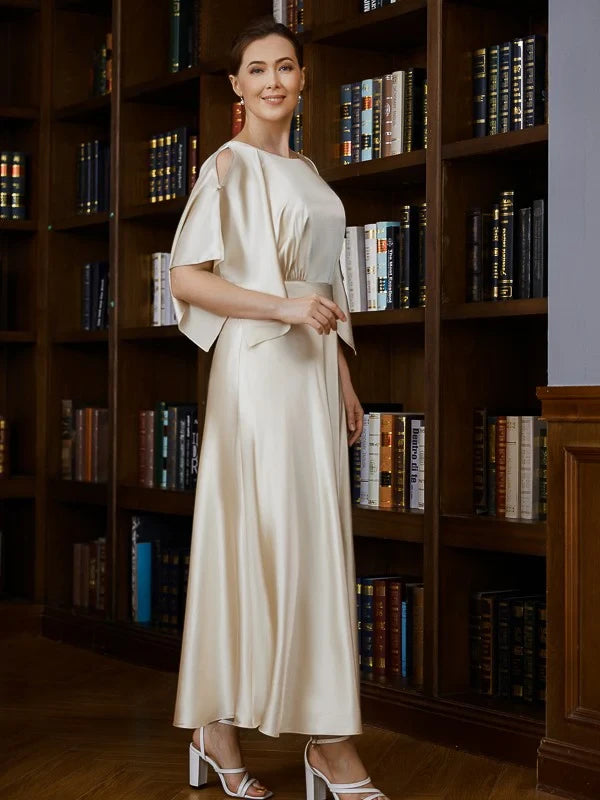 Sophisticated Satin A-Line Boat Neck Kimono Sleeves with Cutouts V-Back Midi Length Mother of the Bride Dresses