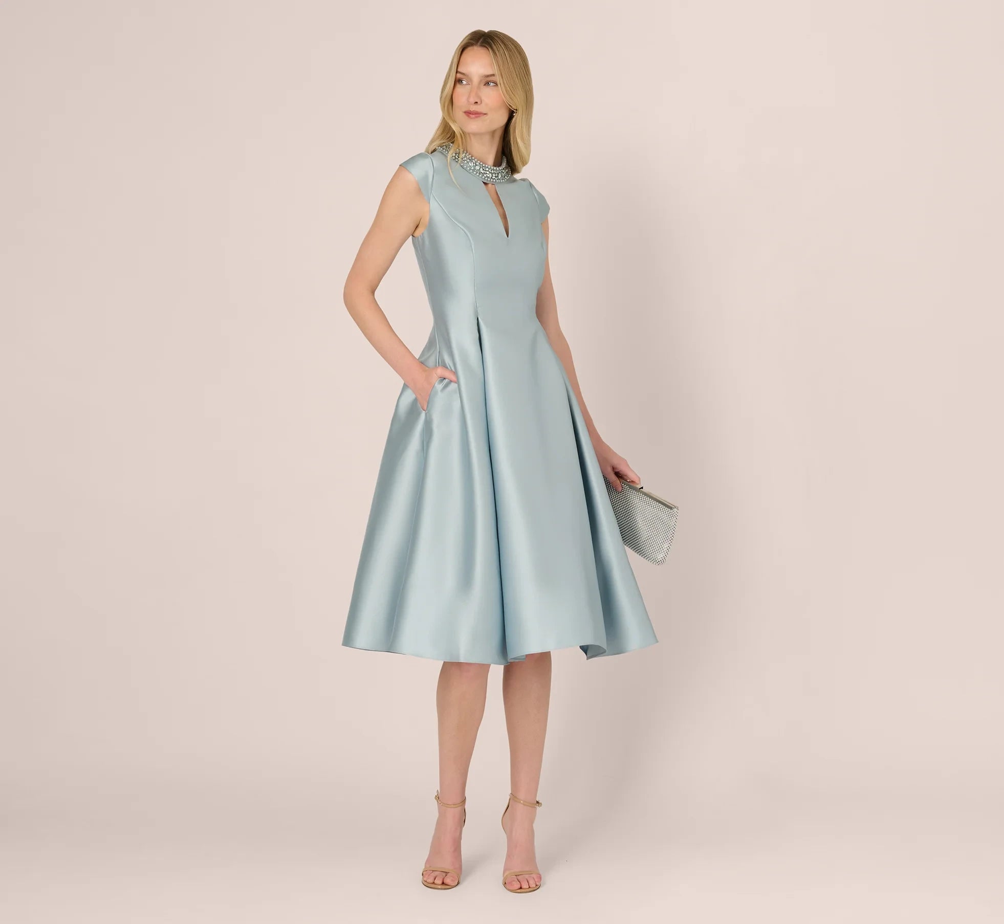 Sophisticated Satin A-Line Embellished High Neck Keyhole Cap Sleeves Zipper Back Midi Mother of the Bride Dresses