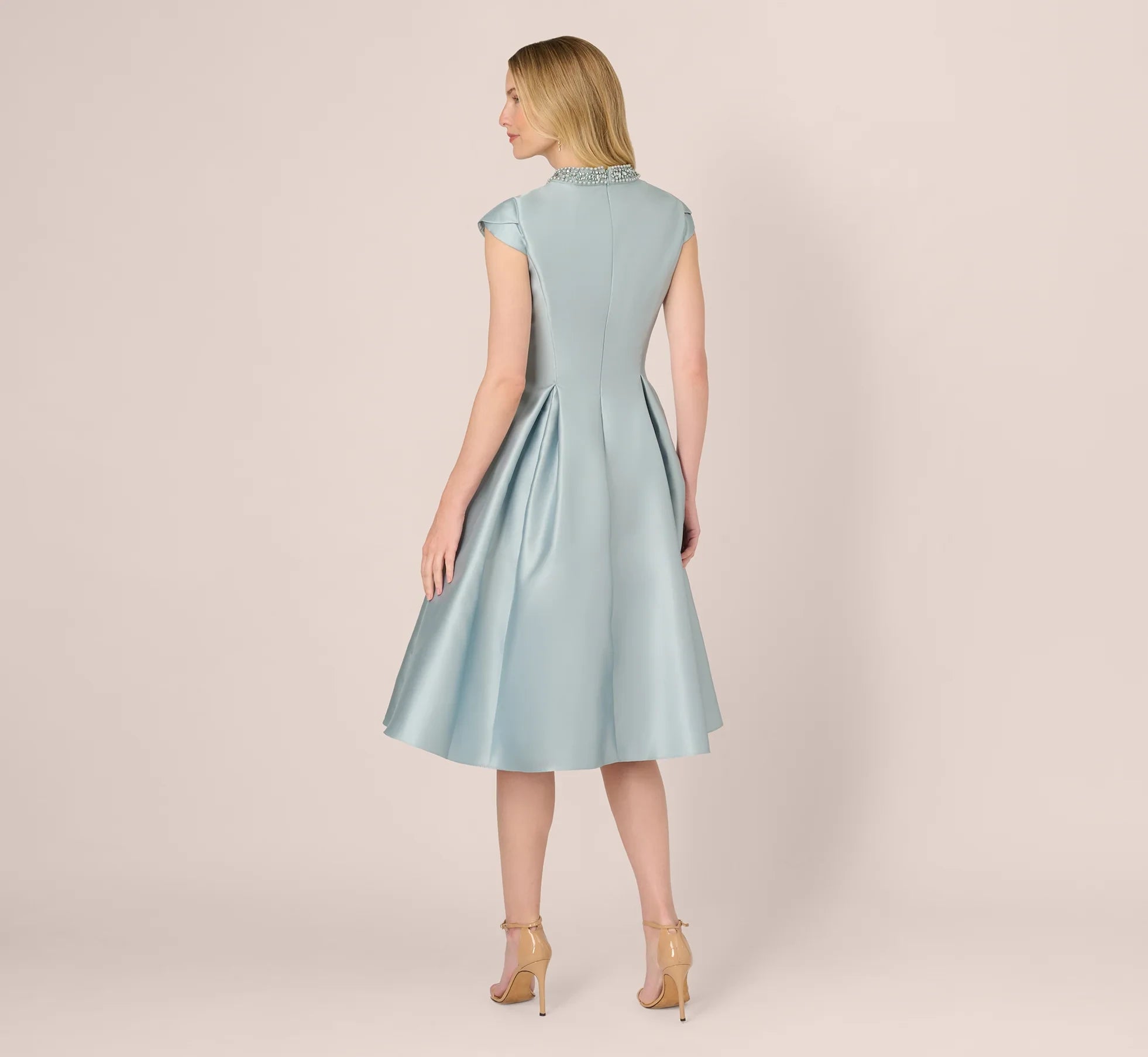 Sophisticated Satin A-Line Embellished High Neck Keyhole Cap Sleeves Zipper Back Midi Mother of the Bride Dresses