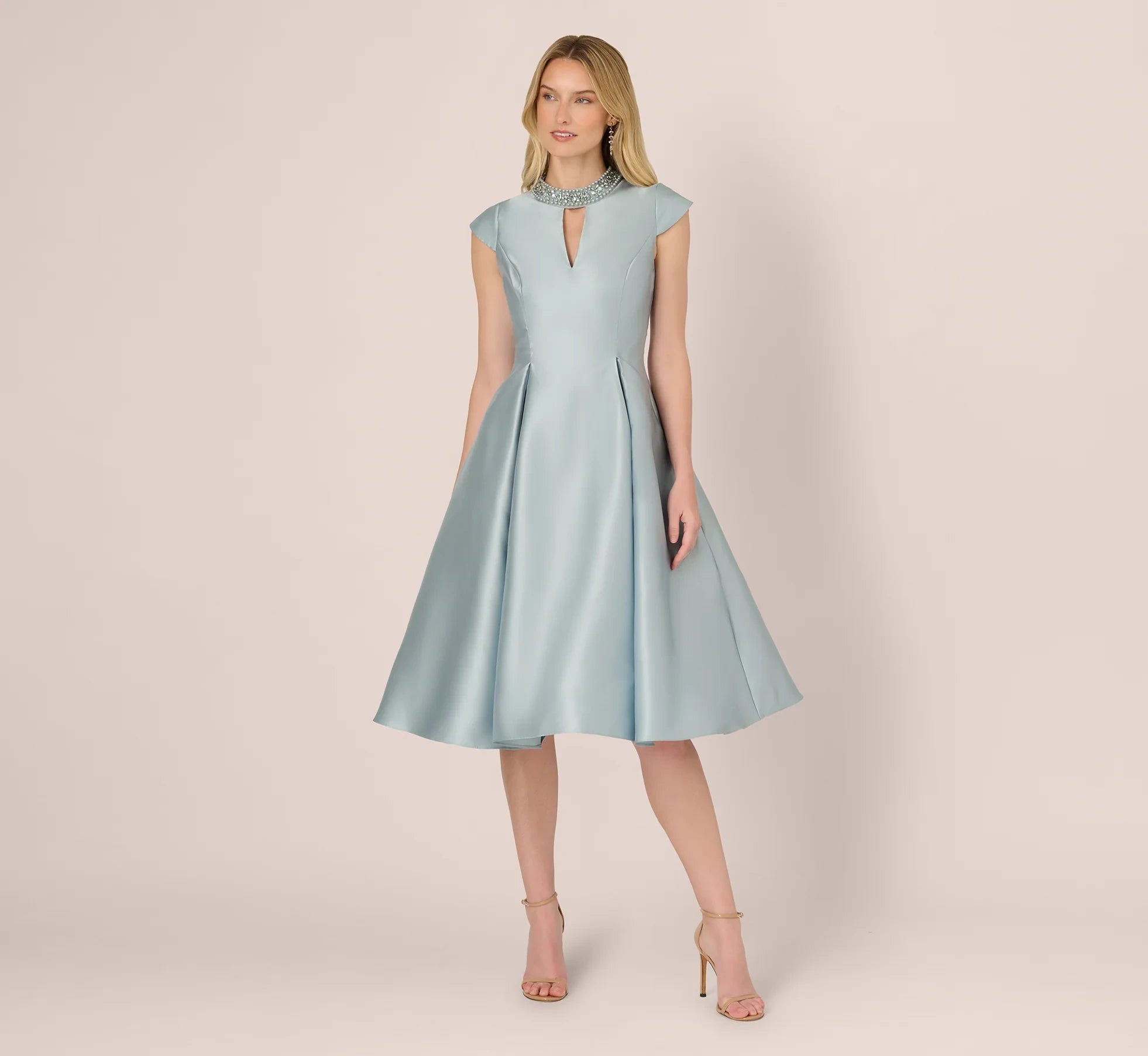 Sophisticated Satin A-Line Embellished High Neck Keyhole Cap Sleeves Zipper Back Midi Mother of the Bride Dresses