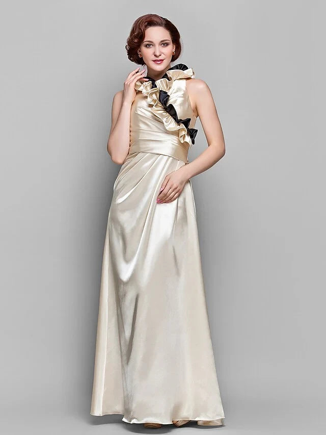 Sophisticated Satin A-Line High Neck Ruffled Sleeveless Two Piece Zipper Back Floor-Length Mother of the Bride Dresses