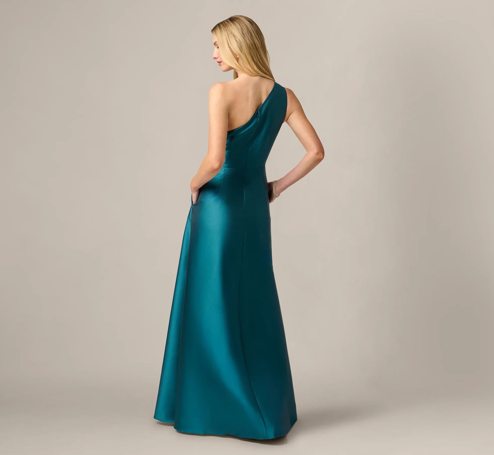 Sophisticated Satin A-Line One-Shoulder Sleeveless Floor-Length High Slit Evening Dresses