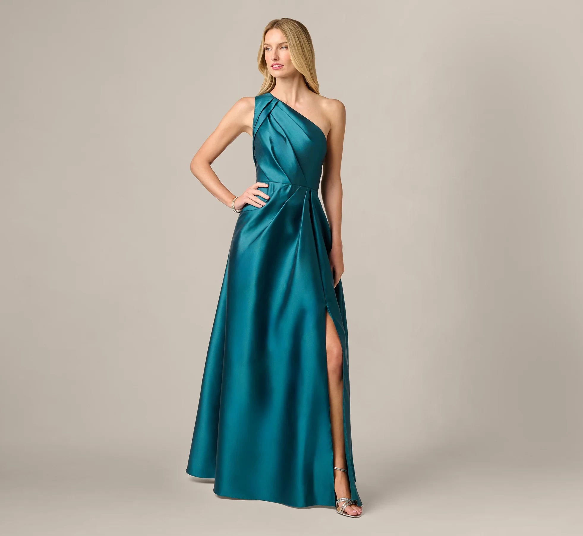 Sophisticated Satin A-Line One-Shoulder Sleeveless Floor-Length High Slit Evening Dresses