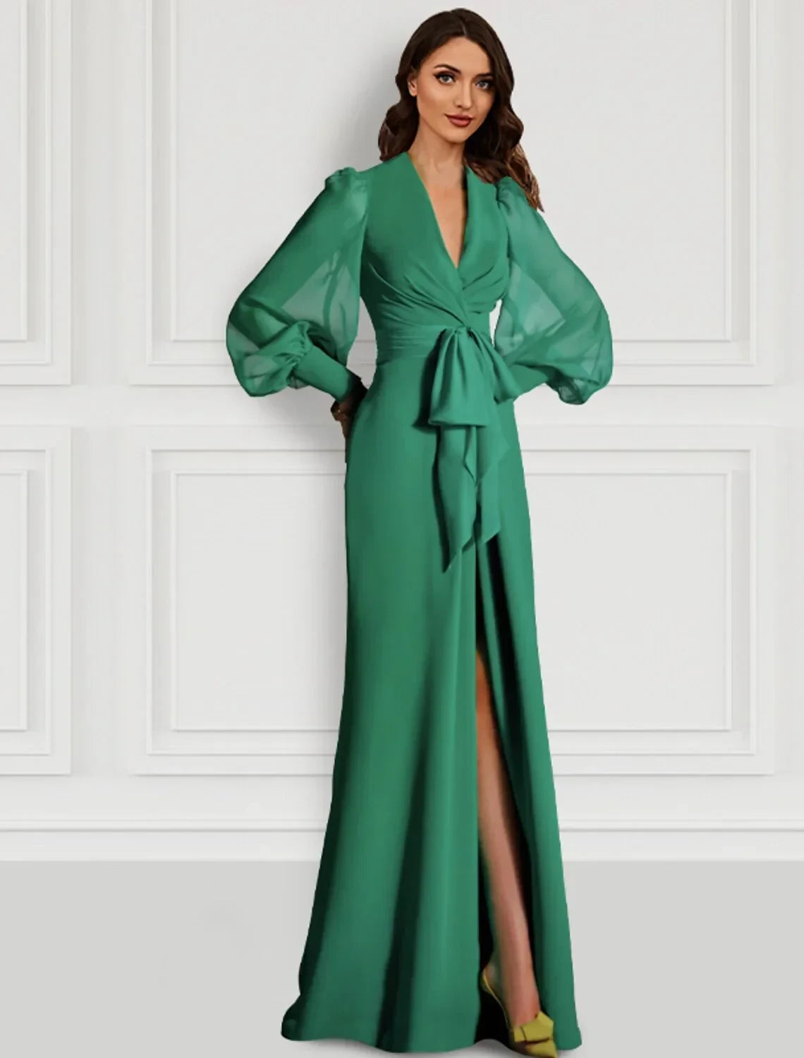 Sophisticated Satin A-Line V-Neck Long Balloon Sleeves High Neck Button Back Floor-Length Evening Dresses