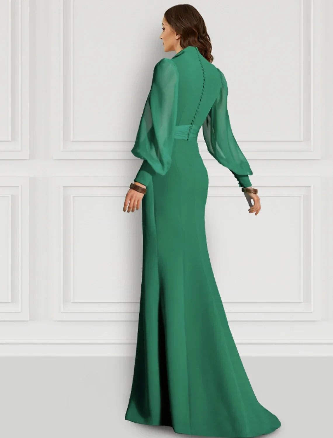 Sophisticated Satin A-Line V-Neck Long Balloon Sleeves High Neck Button Back Floor-Length Evening Dresses