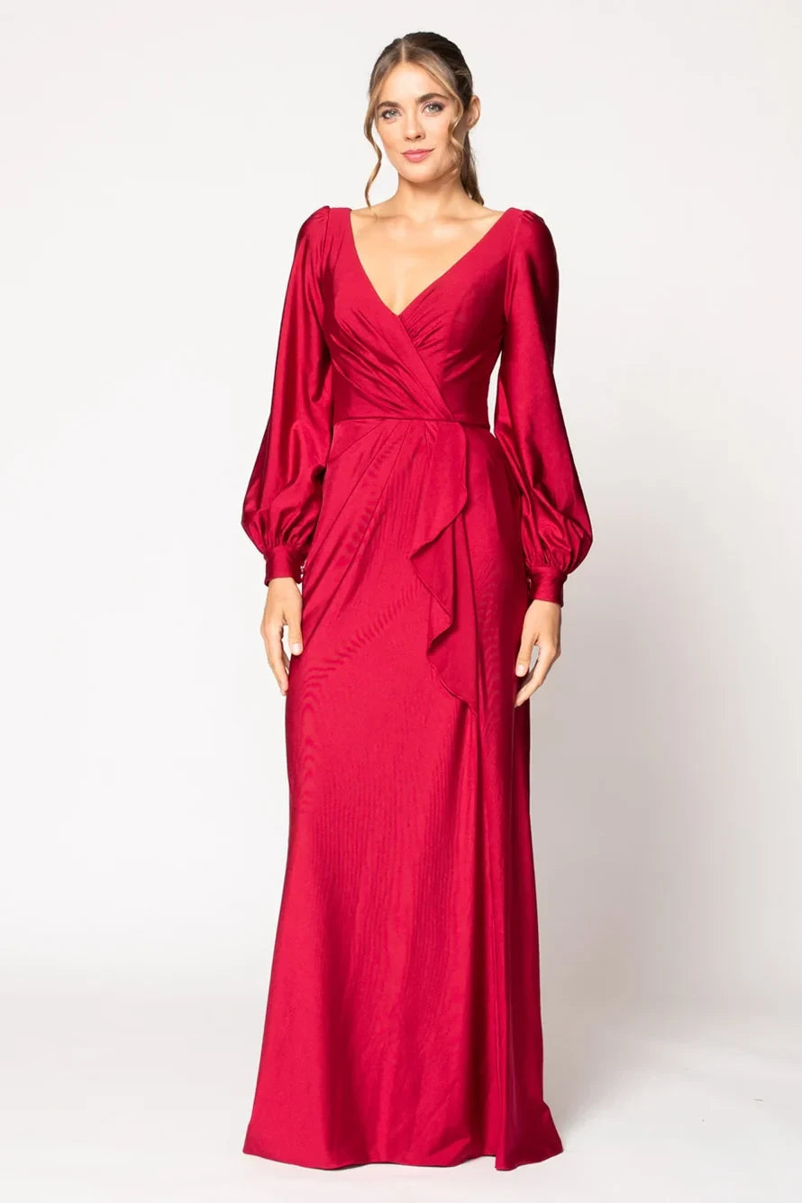 Sophisticated Satin A-Line V-Neck Long Puff Sleeve Closed Back Floor-Length Bridesmaid Dresses