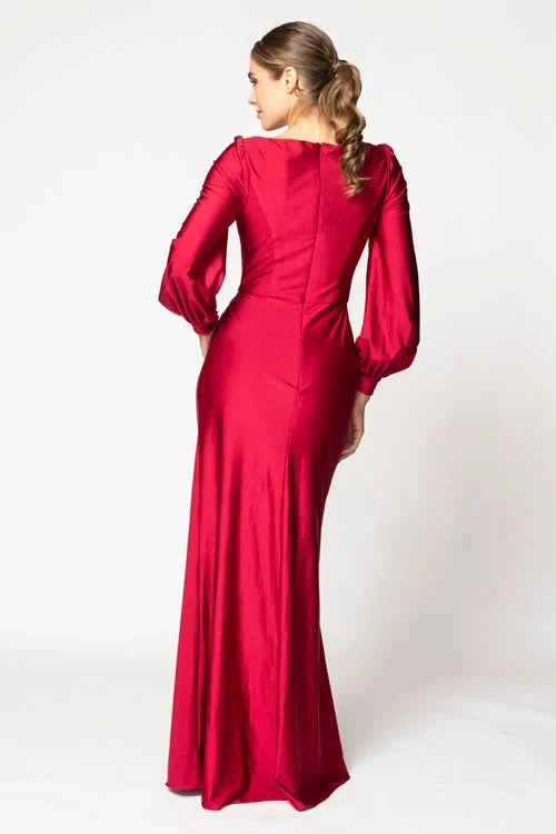 Sophisticated Satin A-Line V-Neck Long Puff Sleeve Closed Back Floor-Length Bridesmaid Dresses