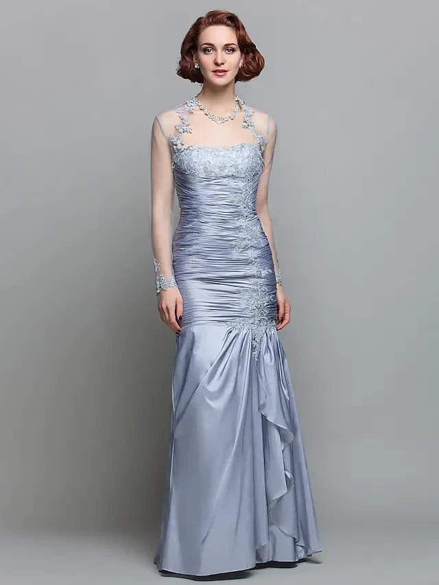 Sophisticated Satin Lace Mermaid Sweetheart Illusion Long Sleeves Illusion Back Floor-Length Mother of the Bride Dresses