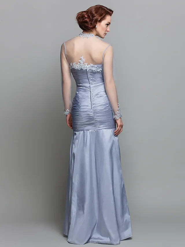 Sophisticated Satin Lace Mermaid Sweetheart Illusion Long Sleeves Illusion Back Floor-Length Mother of the Bride Dresses