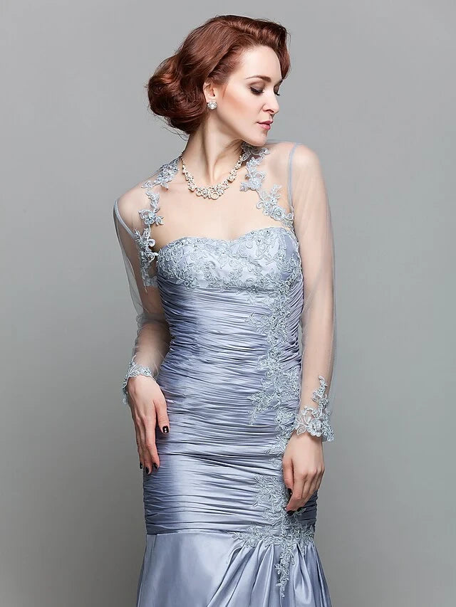 Sophisticated Satin Lace Mermaid Sweetheart Illusion Long Sleeves Illusion Back Floor-Length Mother of the Bride Dresses