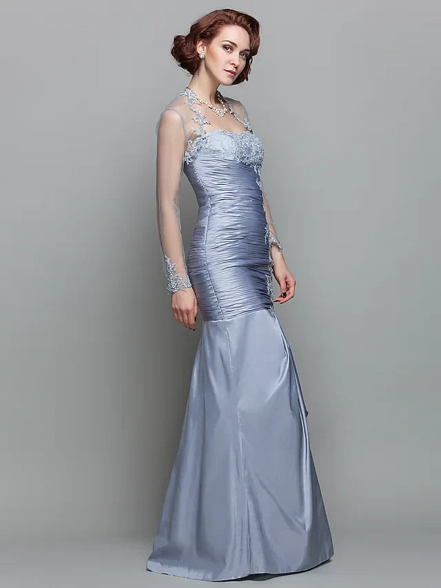 Sophisticated Satin Lace Mermaid Sweetheart Illusion Long Sleeves Illusion Back Floor-Length Mother of the Bride Dresses