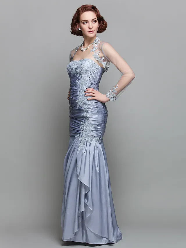 Sophisticated Satin Lace Mermaid Sweetheart Illusion Long Sleeves Illusion Back Floor-Length Mother of the Bride Dresses