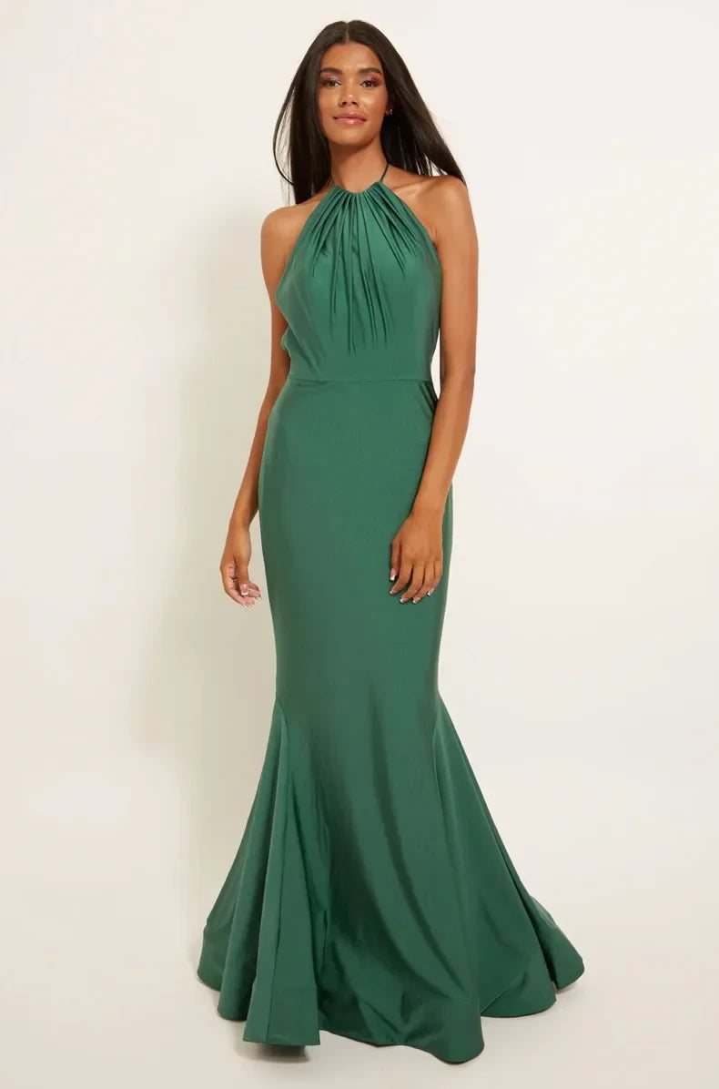 Sophisticated Satin Mermaid Halter Sleeveless Open Back Floor-Length Bridesmaid Dresses