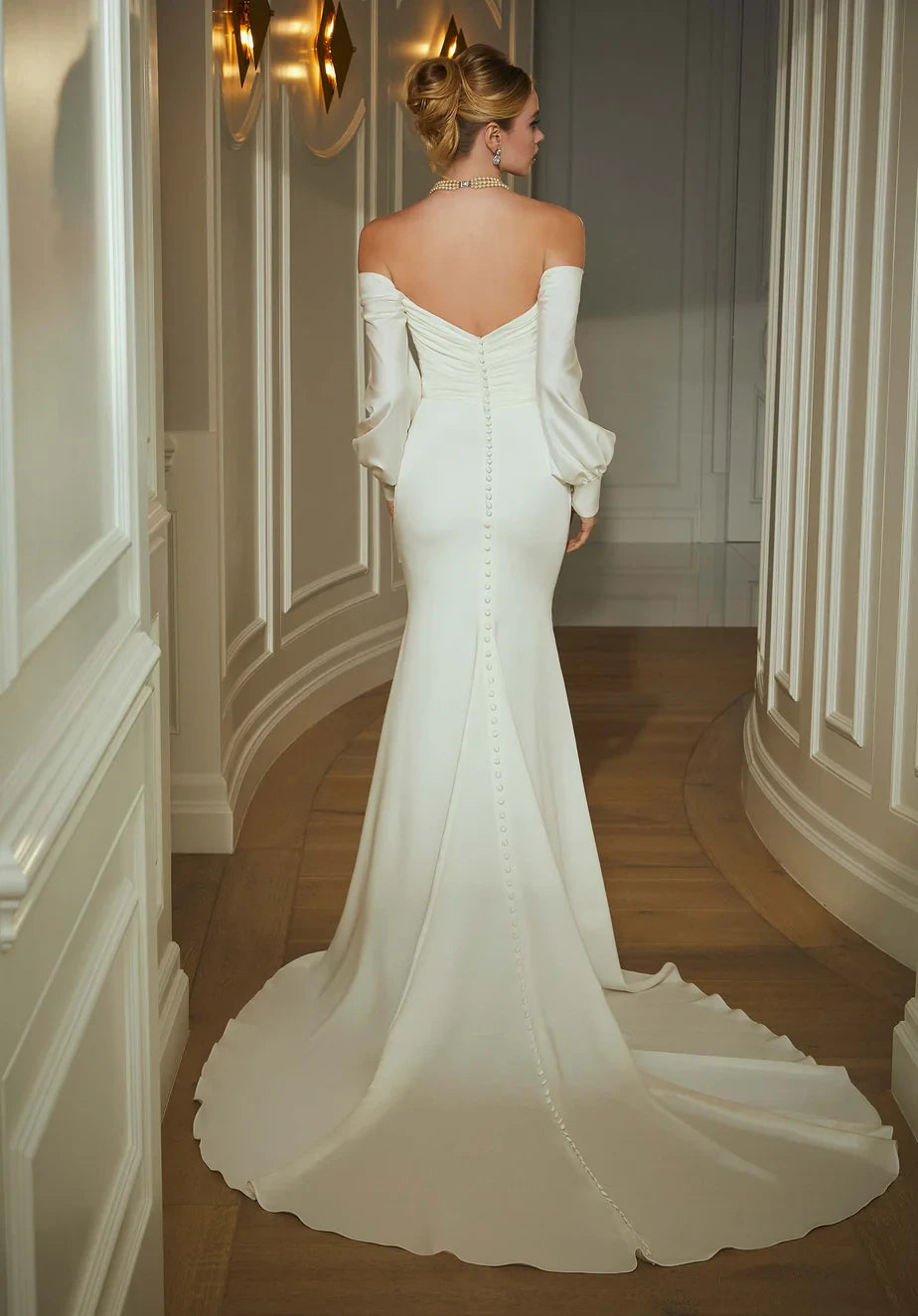Sophisticated Satin Mermaid Off-Shoulder Long Puff Sleeves Button Back Floor-Length Wedding Dresses