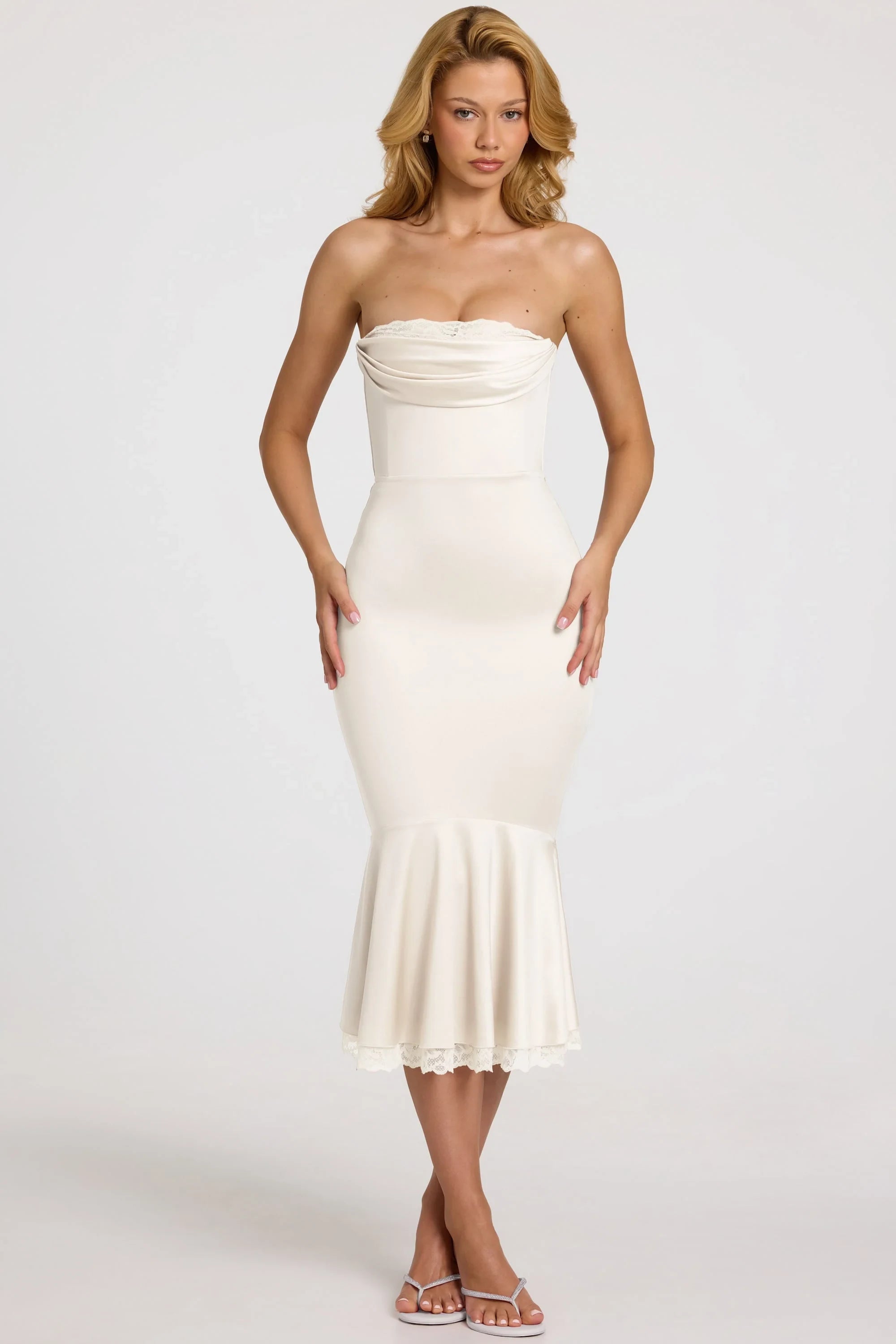 Sophisticated Satin Mermaid Strapless Sweetheart Sleeveless Zipper Back Midi Evening Dresses