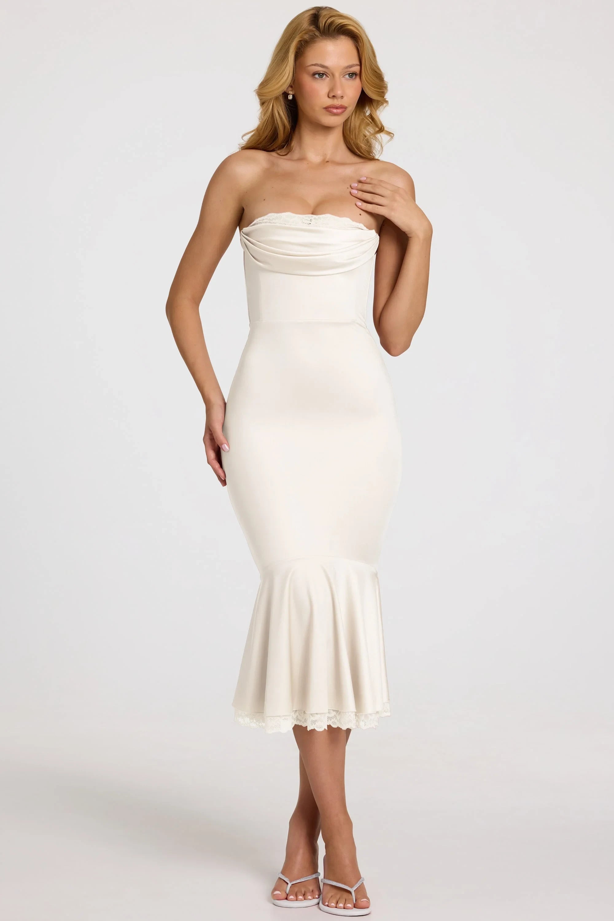 Sophisticated Satin Mermaid Strapless Sweetheart Sleeveless Zipper Back Midi Evening Dresses