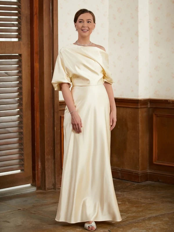 Sophisticated Satin Sheath Asymmetric One-Shoulder Short Puffy Sleeves Zipper Back Floor-Length Mother of the Bride Dresses
