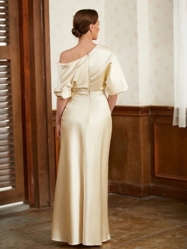 Sophisticated Satin Sheath Asymmetric One-Shoulder Short Puffy Sleeves Zipper Back Floor-Length Mother of the Bride Dresses