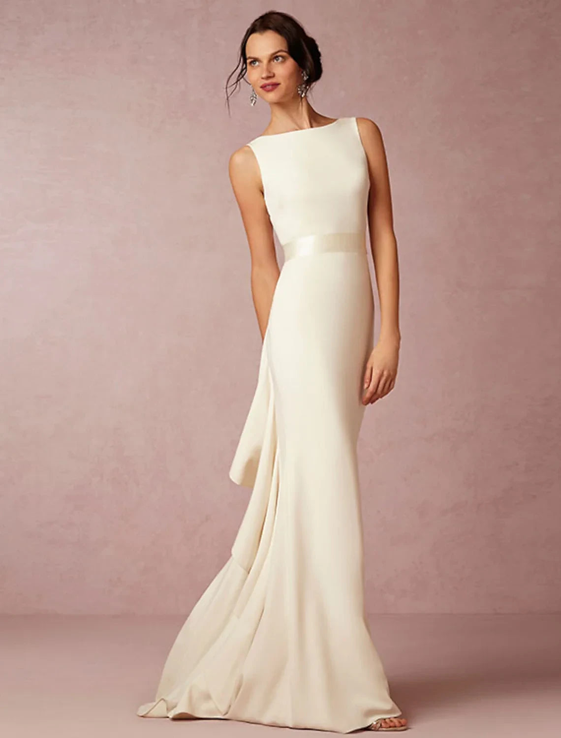 Sophisticated Satin Sheath Boat Neck Sleeveless Deep V-Back Floor-Length Ruffled Wedding Dresses