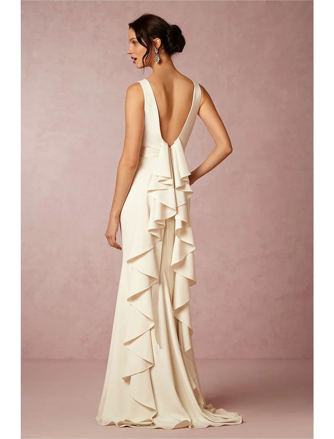 Sophisticated Satin Sheath Boat Neck Sleeveless Deep V-Back Floor-Length Ruffled Wedding Dresses