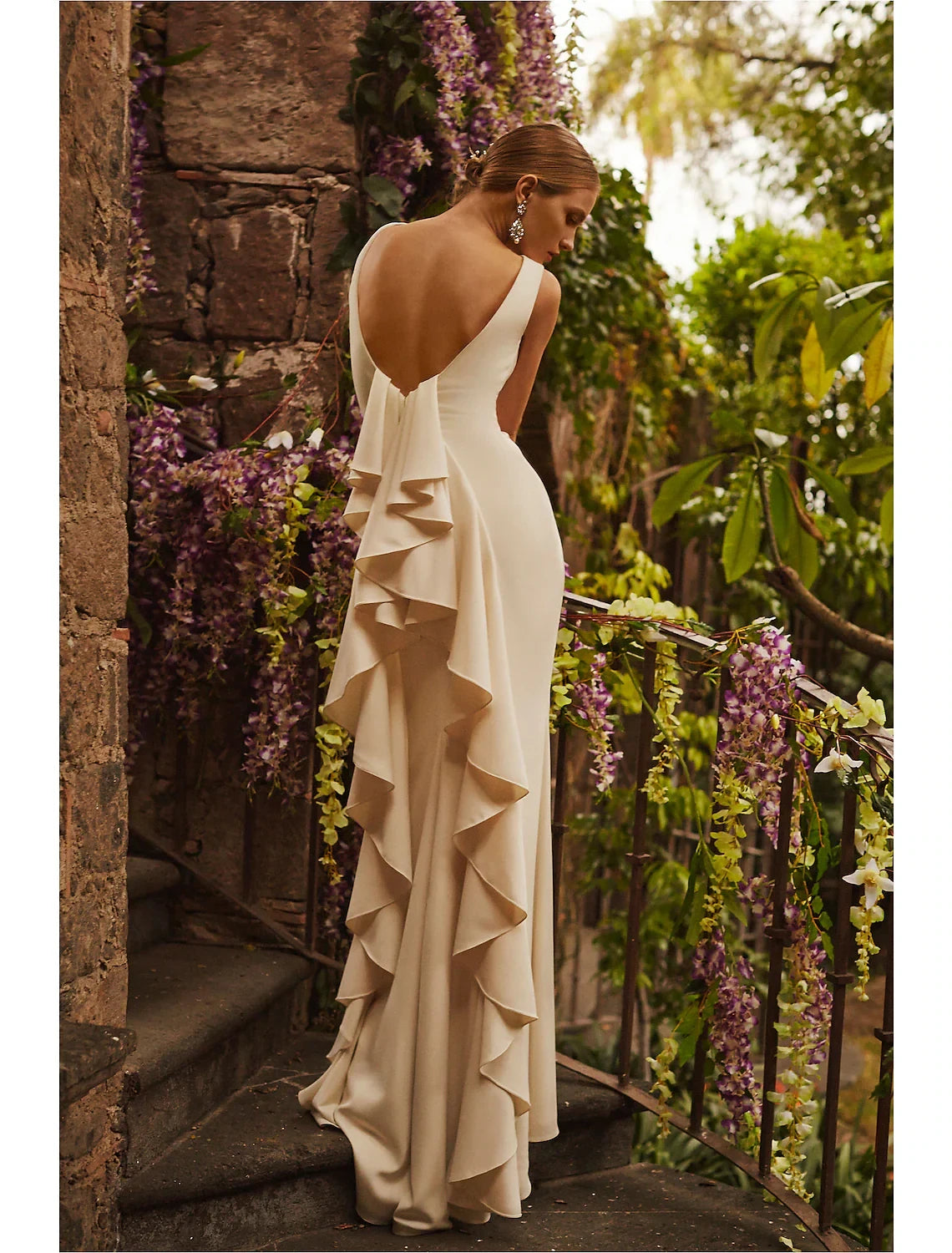 Sophisticated Satin Sheath Boat Neck Sleeveless Deep V-Back Floor-Length Ruffled Wedding Dresses