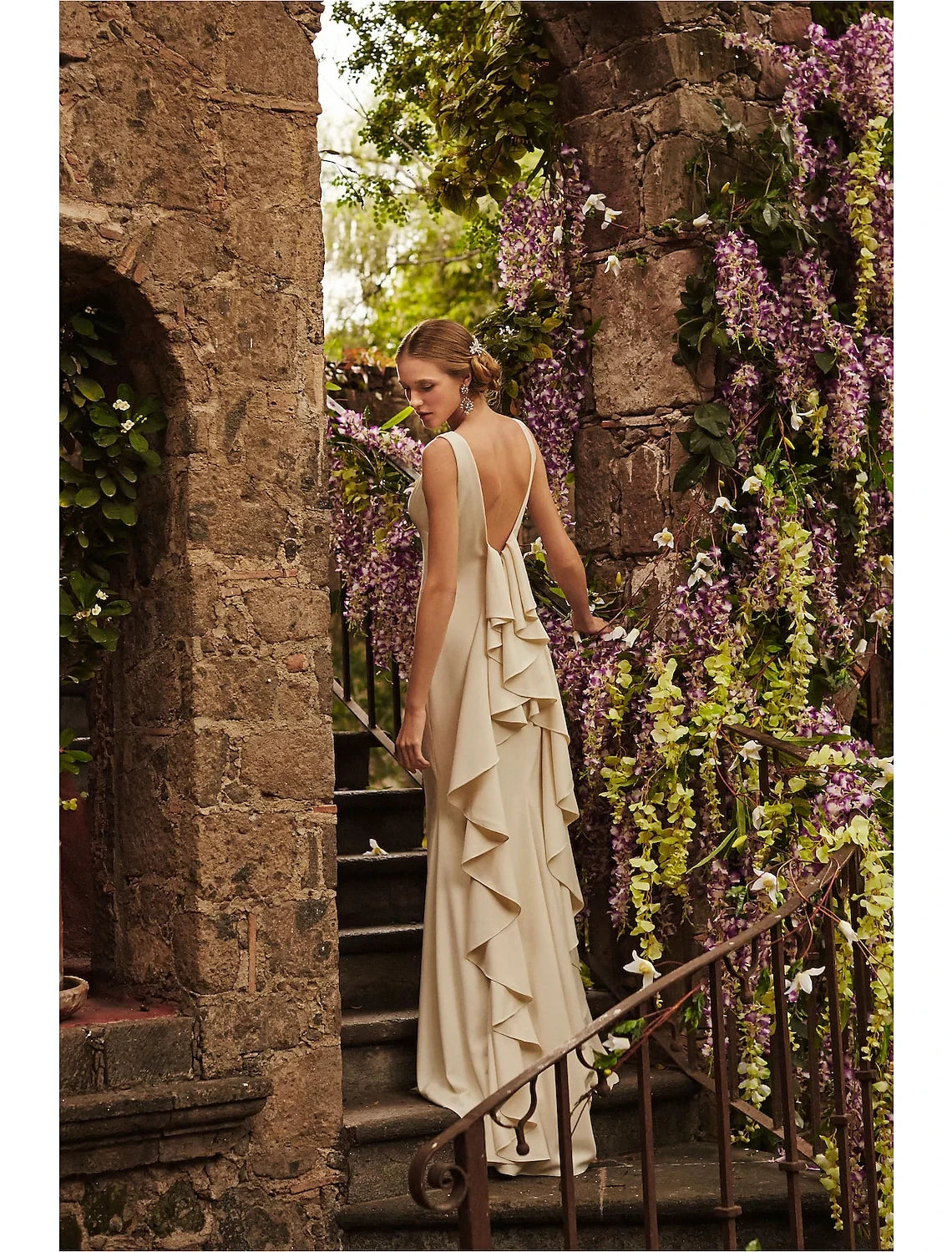 Sophisticated Satin Sheath Boat Neck Sleeveless Deep V-Back Floor-Length Ruffled Wedding Dresses