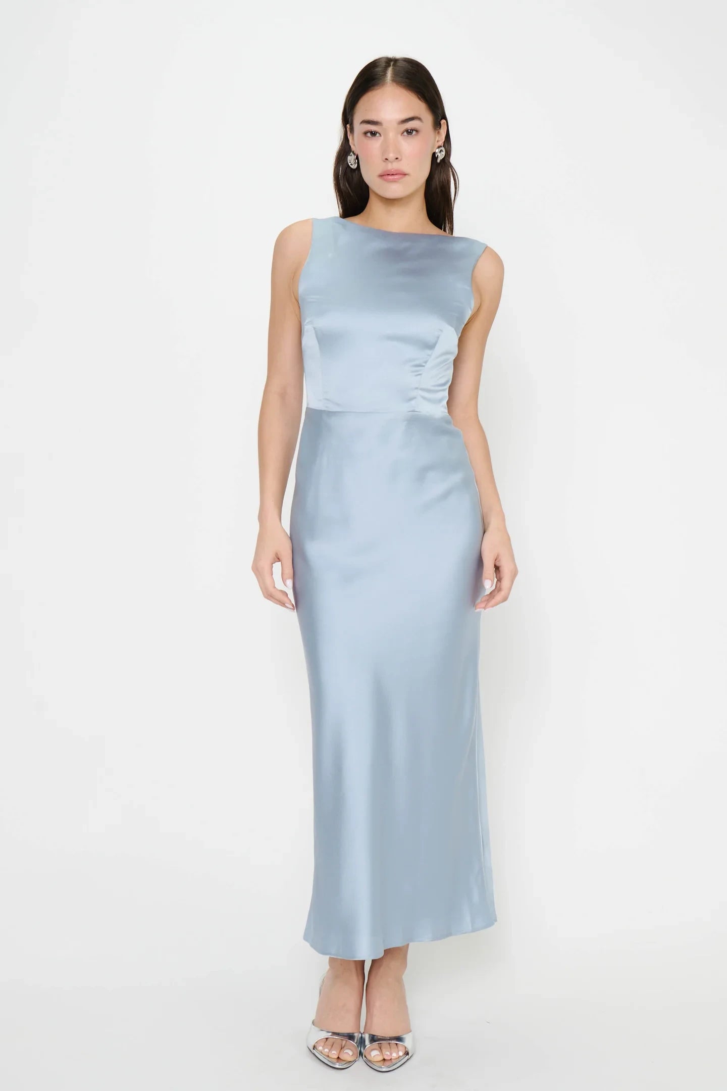 Sophisticated Satin Sheath Boat Neck Sleeveless Low Open Back Floor-Length Bridesmaid Dresses