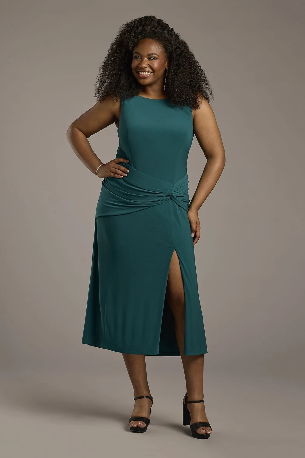Sophisticated Satin Sheath Boat Neck Sleeveless Low V-Back Ruched Midi Mother of the Bride Dresses
