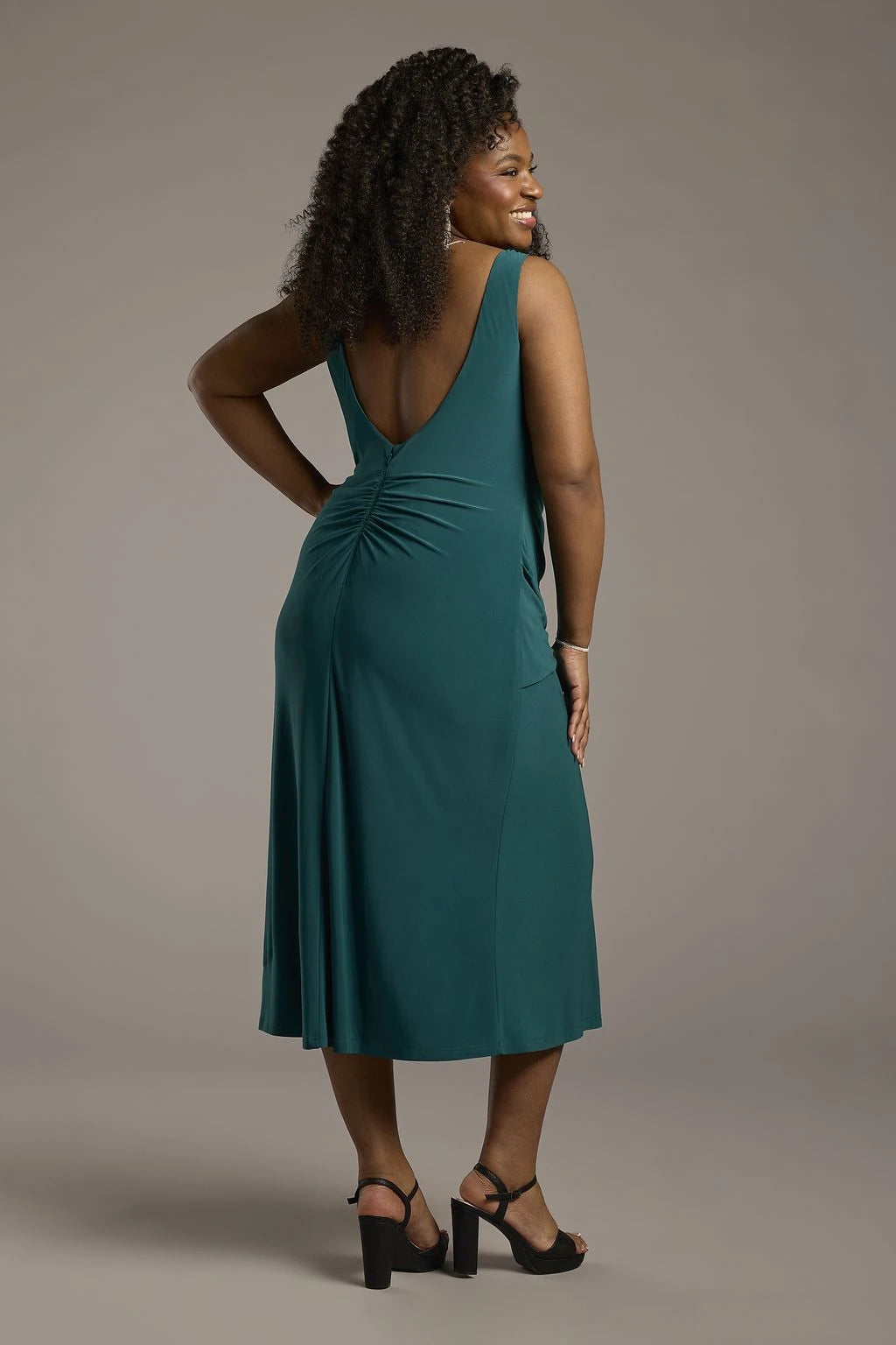 Sophisticated Satin Sheath Boat Neck Sleeveless Low V-Back Ruched Midi Mother of the Bride Dresses