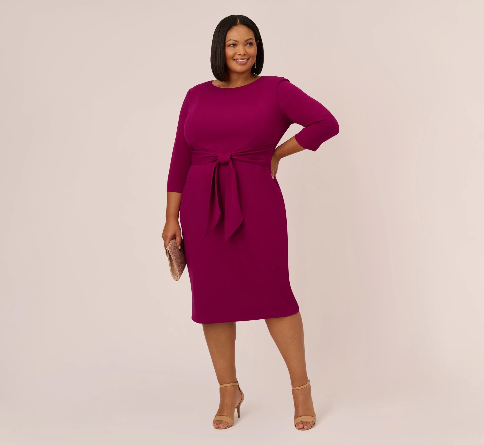 Sophisticated Satin Sheath Boat Neck Three-Quarter Bell Sleeve Zipper Back Knee-Length Mother of the Bride Dresses