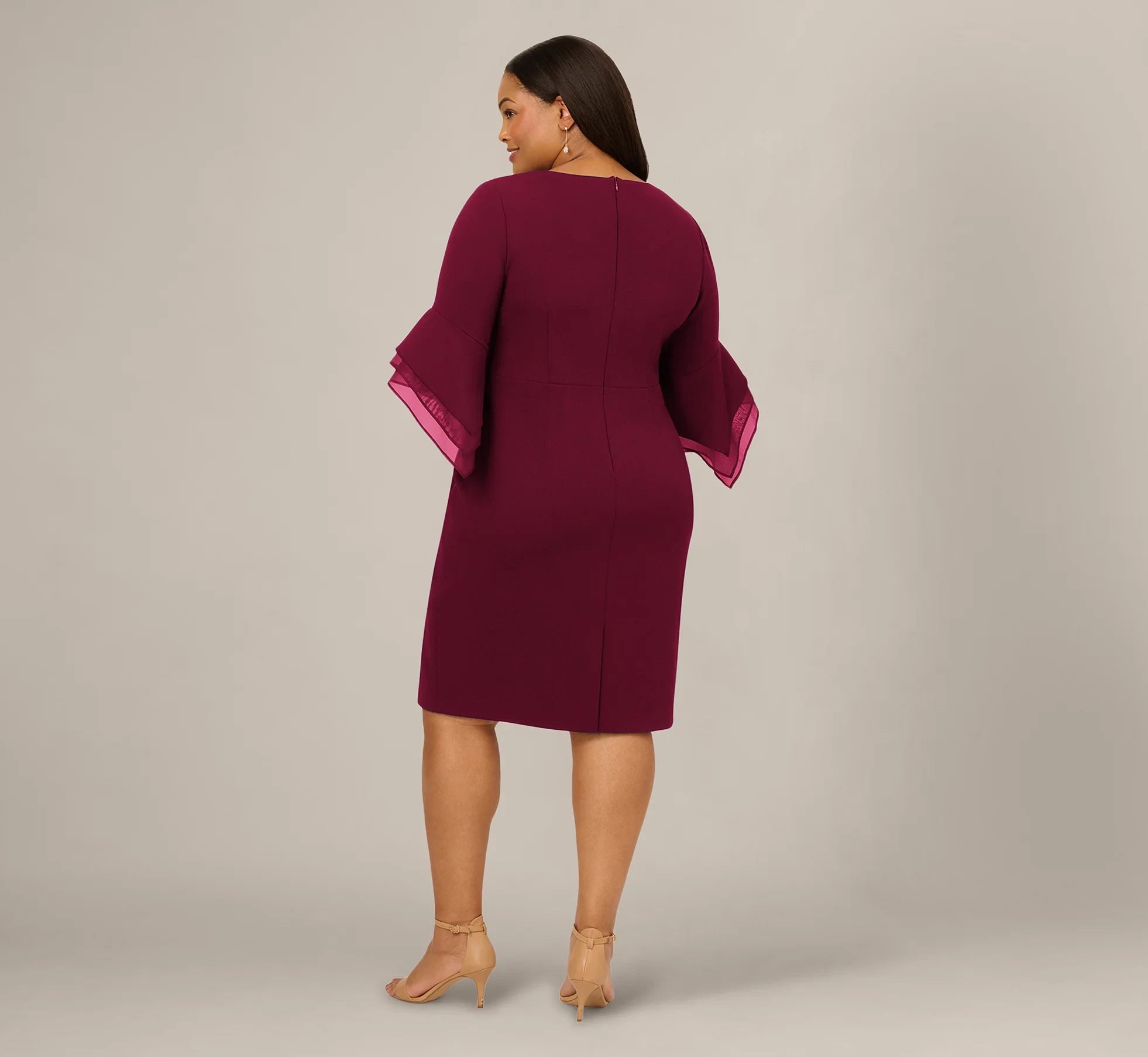 Sophisticated Satin Sheath Boat Neck Three-Quarter Bell Sleeve Zipper Back Knee-Length Mother of the Bride Dresses