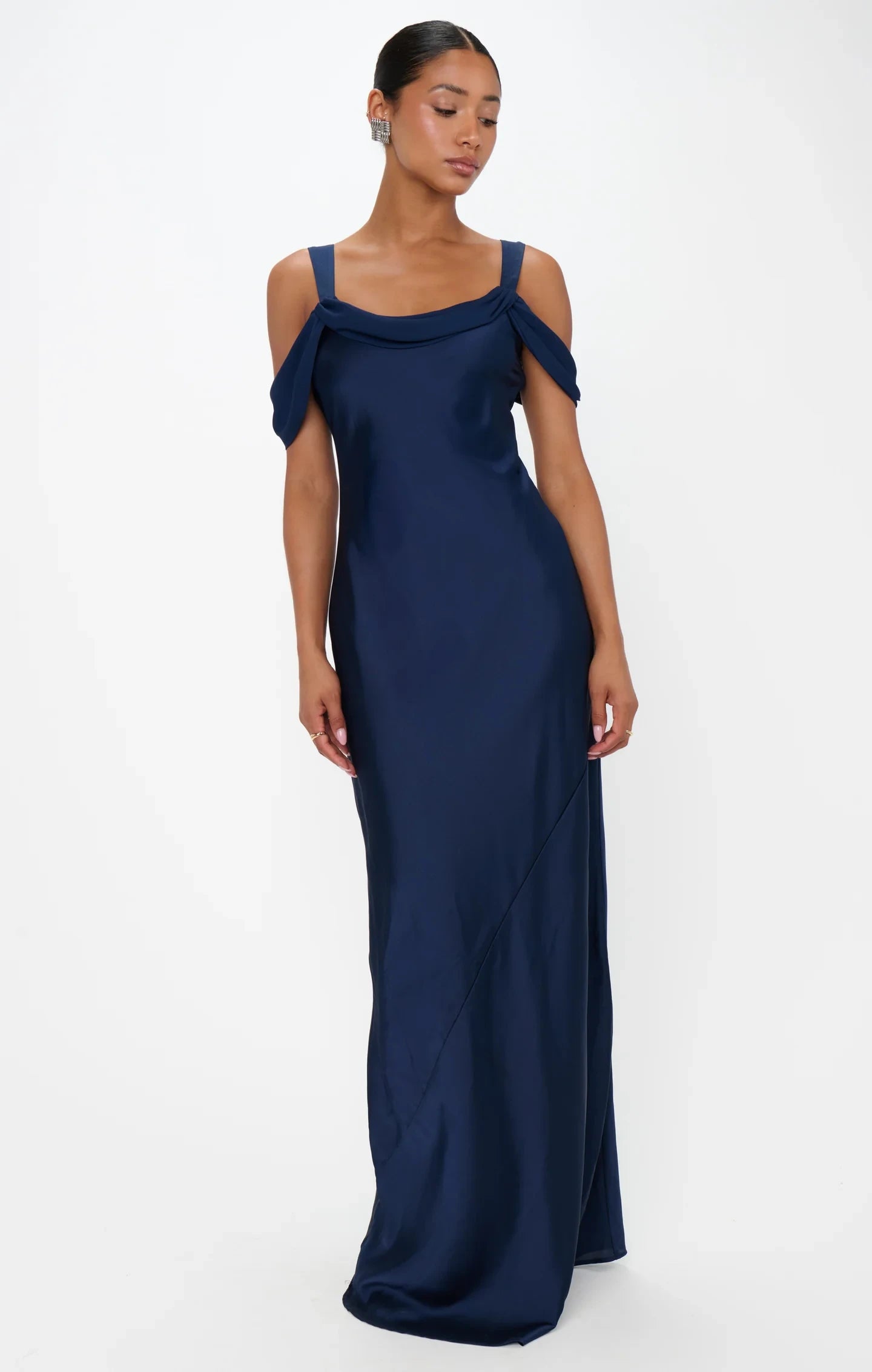 Sophisticated Satin Sheath Cowl Neck Off-Shoulder Adjustable Strap Back Floor-Length Bridesmaid Dresses