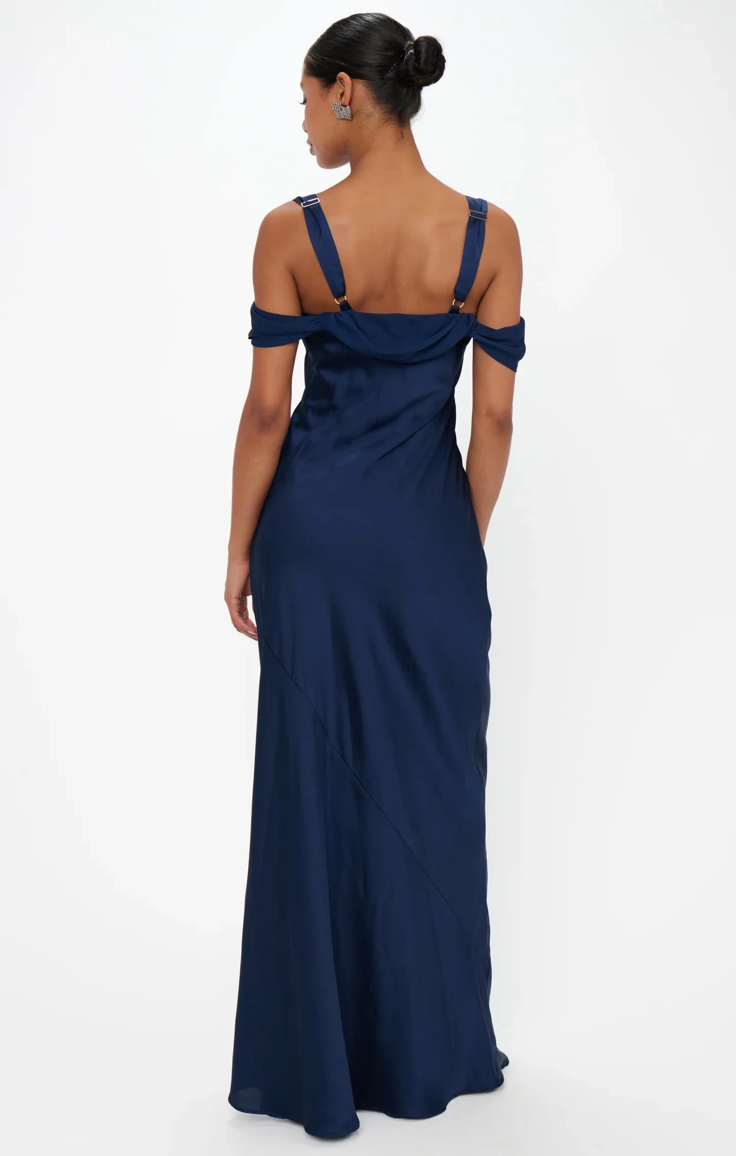 Sophisticated Satin Sheath Cowl Neck Off-Shoulder Adjustable Strap Back Floor-Length Bridesmaid Dresses