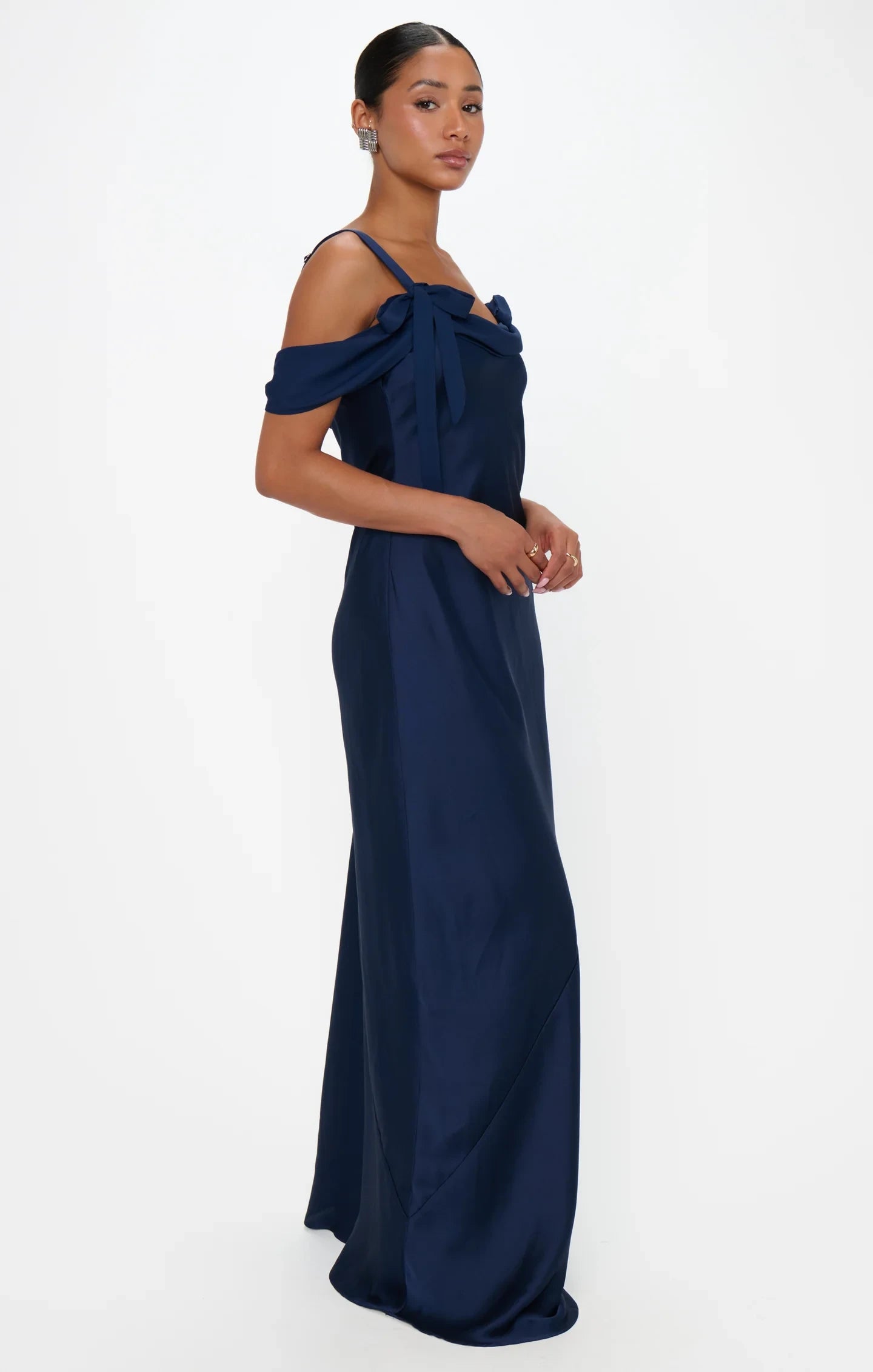 Sophisticated Satin Sheath Cowl Neck Off-Shoulder Adjustable Strap Back Floor-Length Bridesmaid Dresses