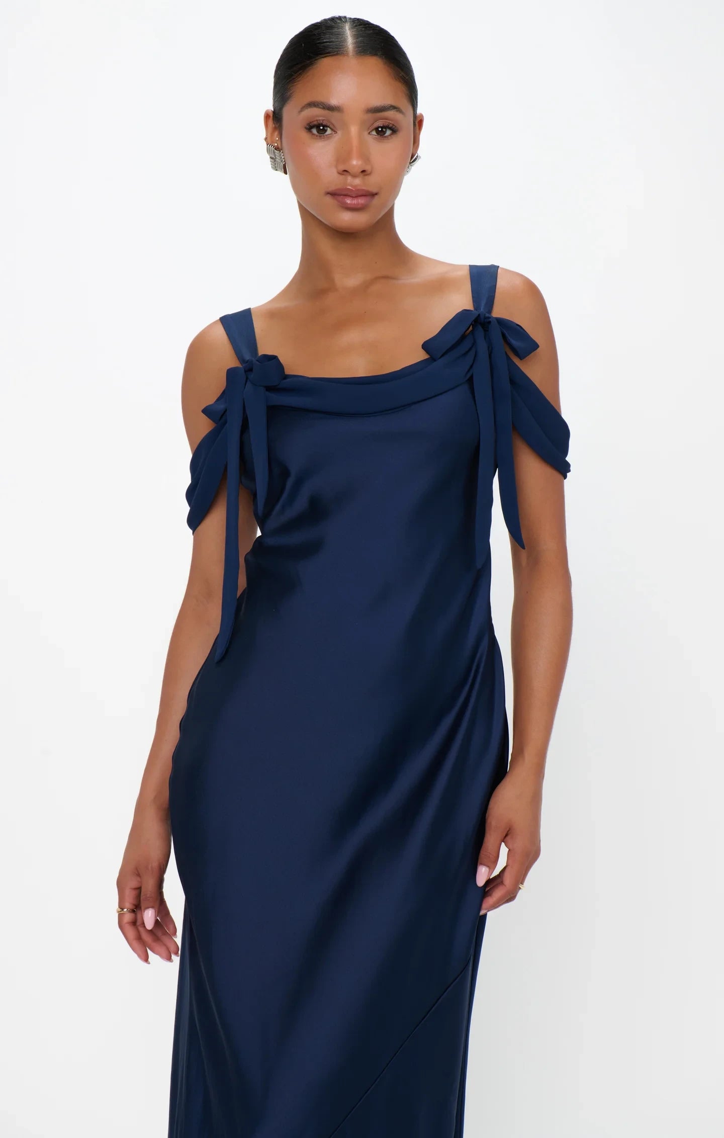 Sophisticated Satin Sheath Cowl Neck Off-Shoulder Adjustable Strap Back Floor-Length Bridesmaid Dresses