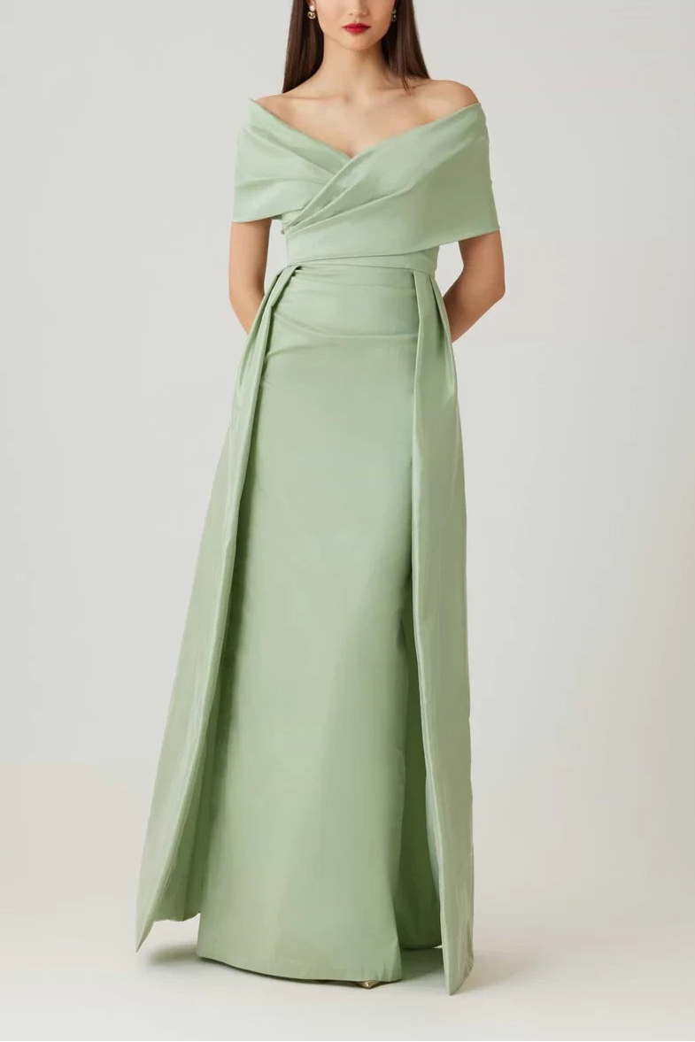 Sophisticated Satin Sheath Off-Shoulder Short Sleeve Zipper Back Floor-Length Evening Dresses