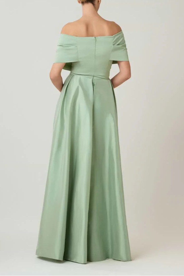 Sophisticated Satin Sheath Off-Shoulder Short Sleeve Zipper Back Floor-Length Evening Dresses