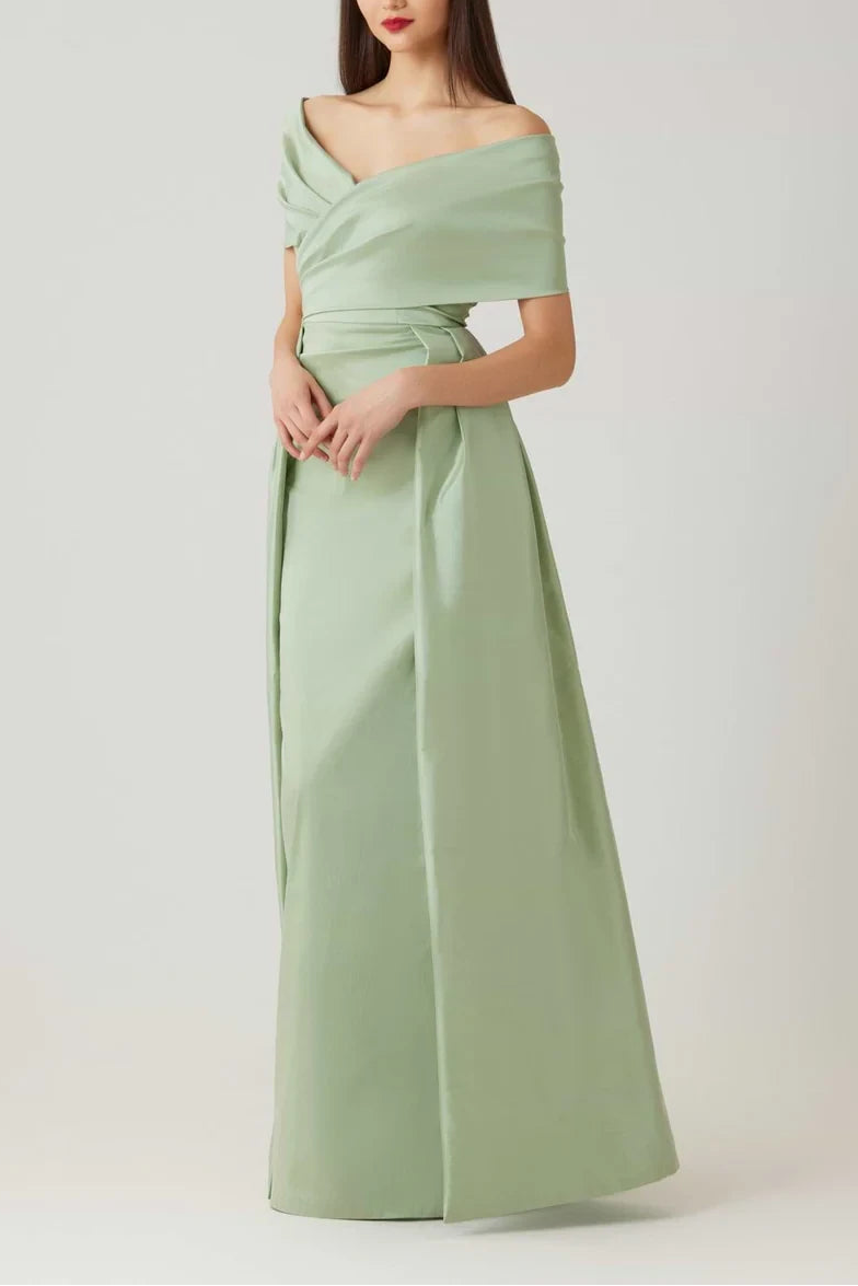 Sophisticated Satin Sheath Off-Shoulder Short Sleeve Zipper Back Floor-Length Evening Dresses