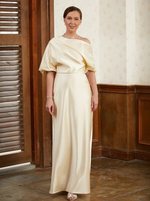 Sophisticated Satin Sheath One-Shoulder Draped Short Sleeve Simple Back Floor-Length Mother of the Bride Dresses