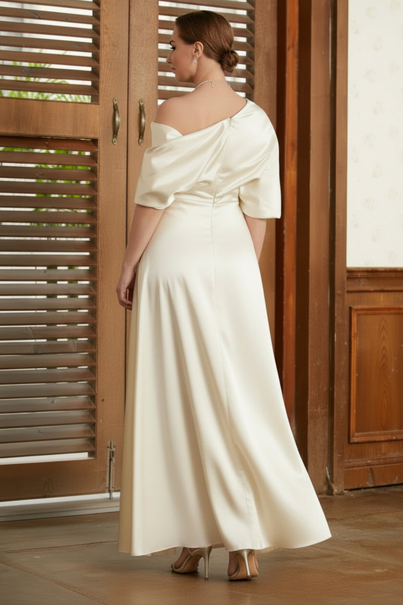 Sophisticated Satin Sheath One-Shoulder Draped Short Sleeve Simple Back Floor-Length Mother of the Bride Dresses