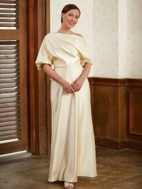 Sophisticated Satin Sheath One-Shoulder Draped Short Sleeve Simple Back Floor-Length Mother of the Bride Dresses