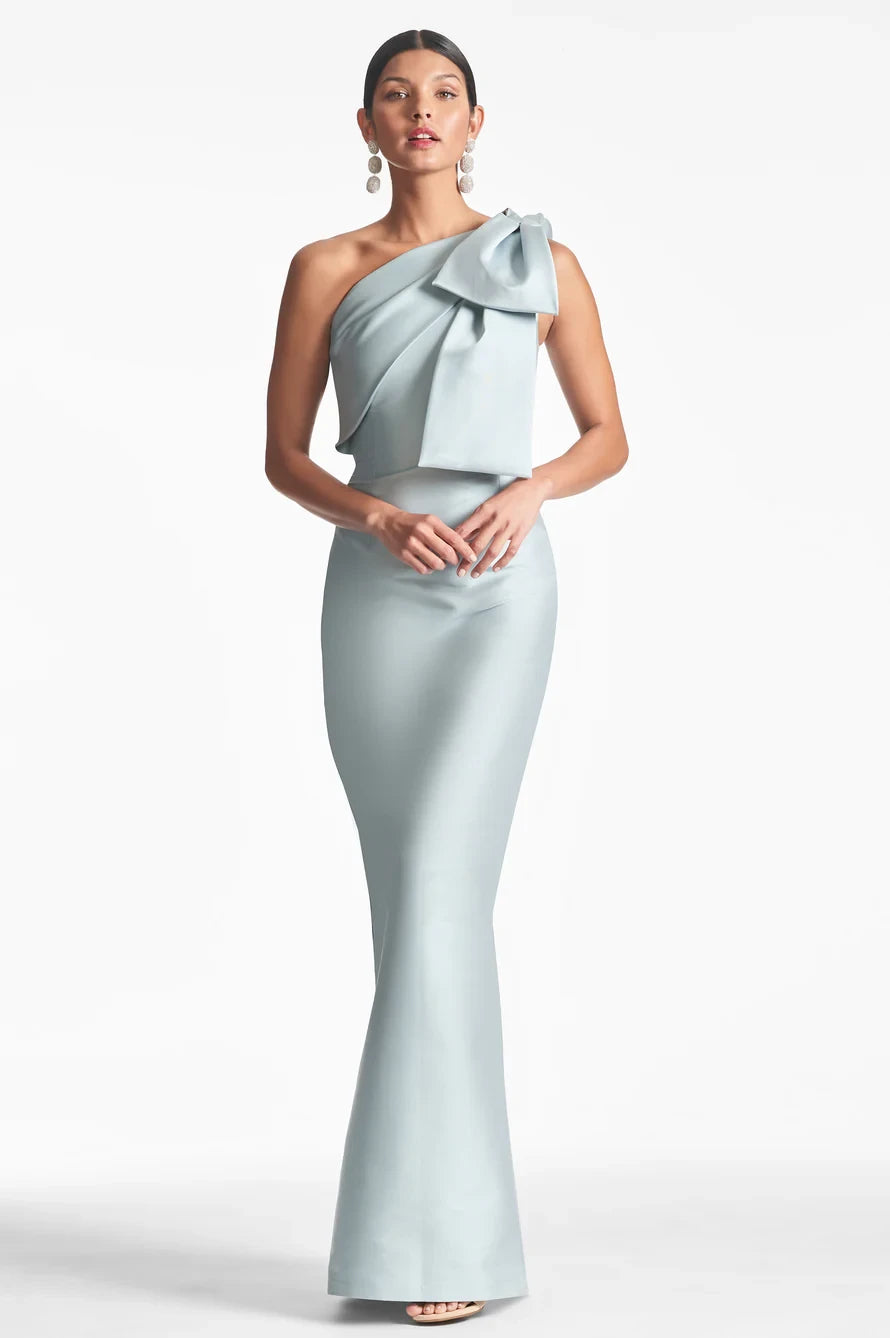 Sophisticated Satin Sheath One-Shoulder Sleeveless Zipper Back Floor-Length Evening Dresses with Bow Detail