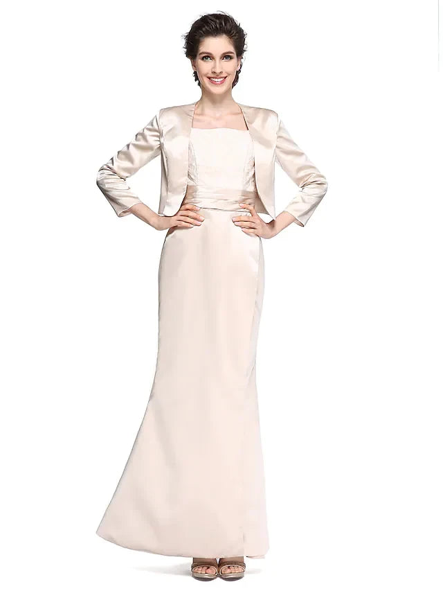 Sophisticated Satin Sheath Square Neck 3/4 Sleeve High Back Floor-Length Two-Piece Mother of the Bride Dresses