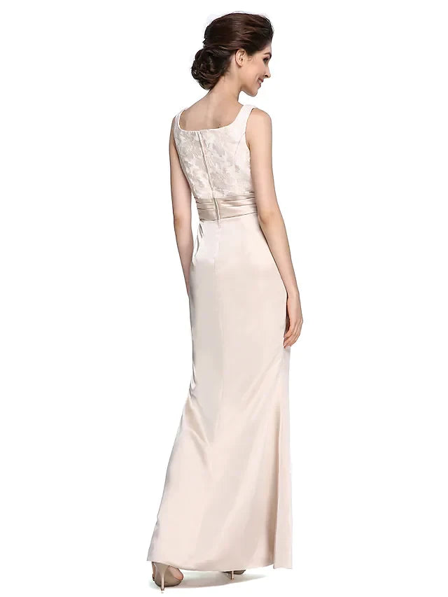 Sophisticated Satin Sheath Square Neck 3/4 Sleeve High Back Floor-Length Two-Piece Mother of the Bride Dresses