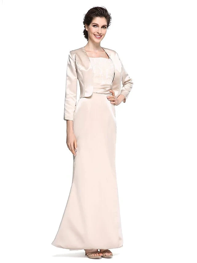 Sophisticated Satin Sheath Square Neck 3/4 Sleeve High Back Floor-Length Two-Piece Mother of the Bride Dresses